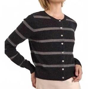 NEW BRODIE CASHMERE simone lurex stripe cashmere cardigan in charcoal/gunmetal l